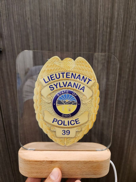 Police Badge Wooden Base Personalized LED Light